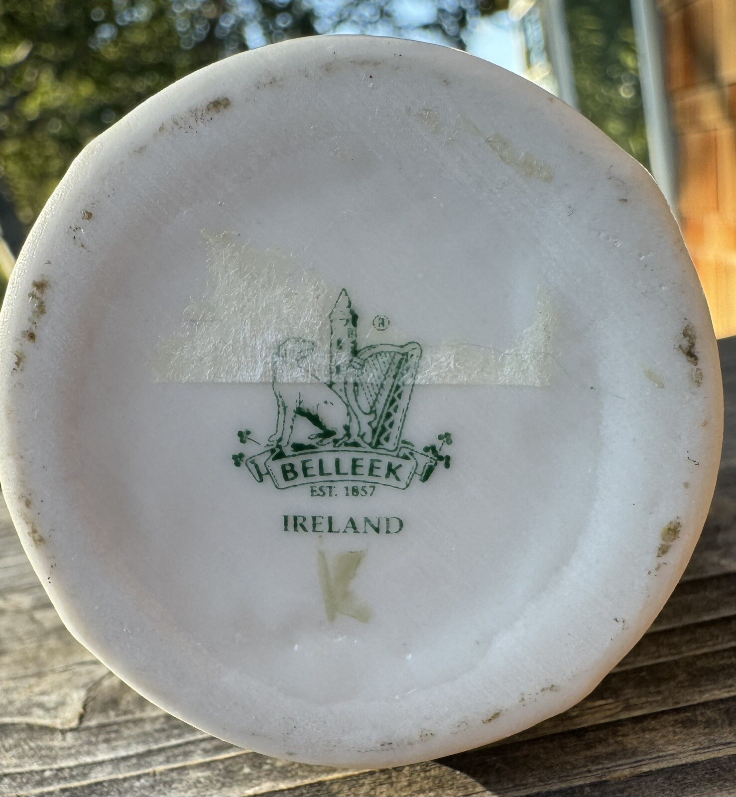 Small Belleek bud vase 5 3/8" Shamrock, basket weave green mark