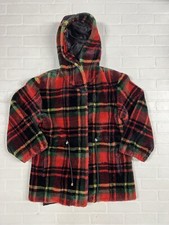 Vtg Donny Brook Faux Fur Winter Coat Women s L Plaid Multicolor Hooded USA