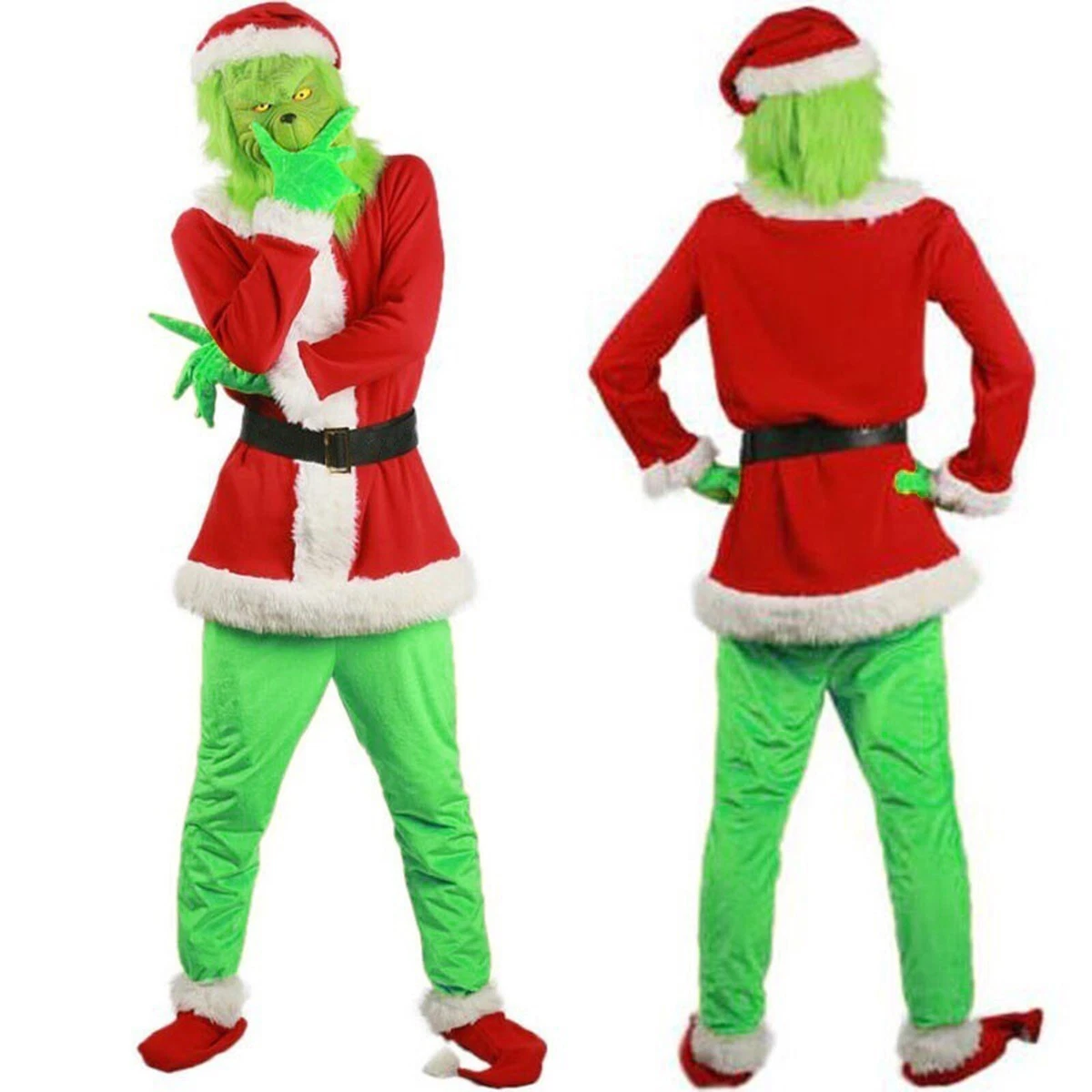 7Pcs Green Costume Santa Claus For Adult Kids Grinch Cosplay Suit