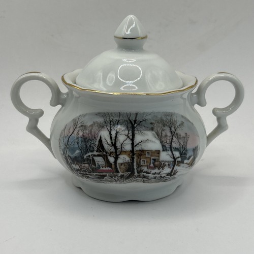 Set da tè Avon 1977 Premio Rappresentanti Fine Porcellana Currier e Ives con campana - Foto 4 di 10