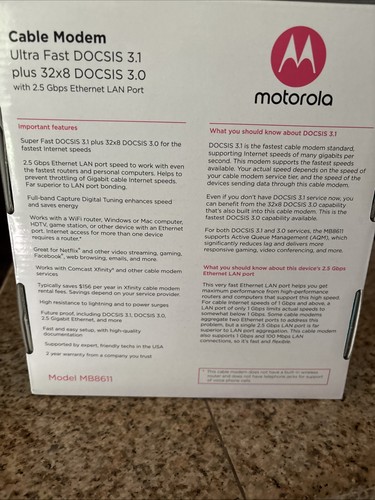 Motorola MB8611 DOCSIS 3.1 Multi-Gig Cable Modem 2.5 Gbps Port 2500 Mbps - Black - Photo 8/8