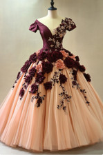 Vintage 3D Florals Wedding Dresses Champagne A Line Short Sleeves Bridal Gowns