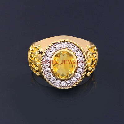 Natural Citrine Gemstone with Gold Plated 925 Sterling Silver Men's Ring #4915