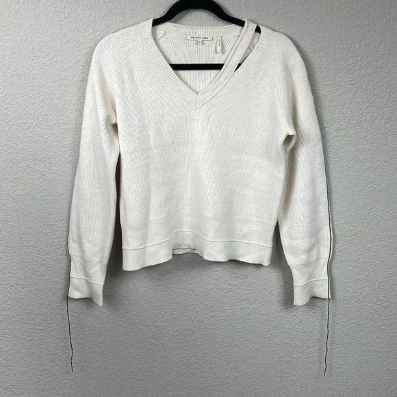 Helmut Lang Distressed V Neck Sweater Cut Out Rib Knit Off White Sz XS thumbnail 6