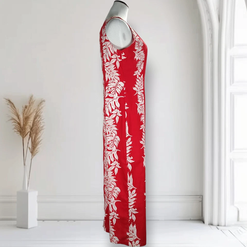 Vintage Royal Creations Maxi Sheath Dress Size M Red Leaf Print Square Neck Slit - Image 3 of 4