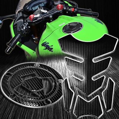 4PC Black Tank Pad+Gas/Fuel Cap Cover 07+ Ninja ZX-6R/10R/14R/650