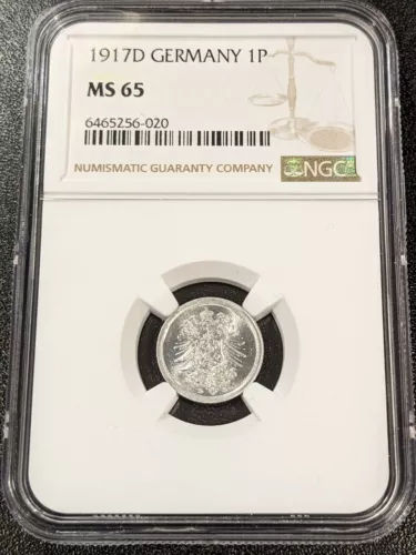 1917 D MS65 Germany Aluminum 1 Pfennig UNC NGC KM 24 TOP POP World War I