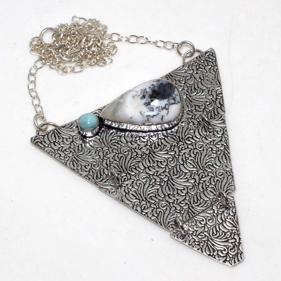 925 Silver Plated-Dendritic Opal Larimar Ethnic Handmade Necklace Jewelry 18
