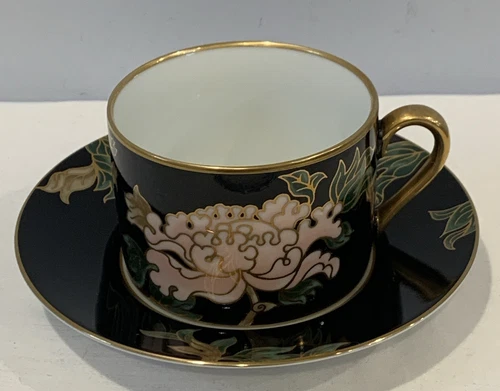 VTG Fitz & Floyd Cloisonne Peony Black 2PC Flat Cup and Saucer Set Japan MINT!