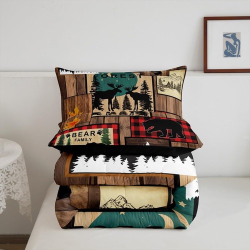 Retro Cabin Queen Comforter Set Rustic Adventure Bear Deer Bedding Set Huntin... - Picture 5 of 8