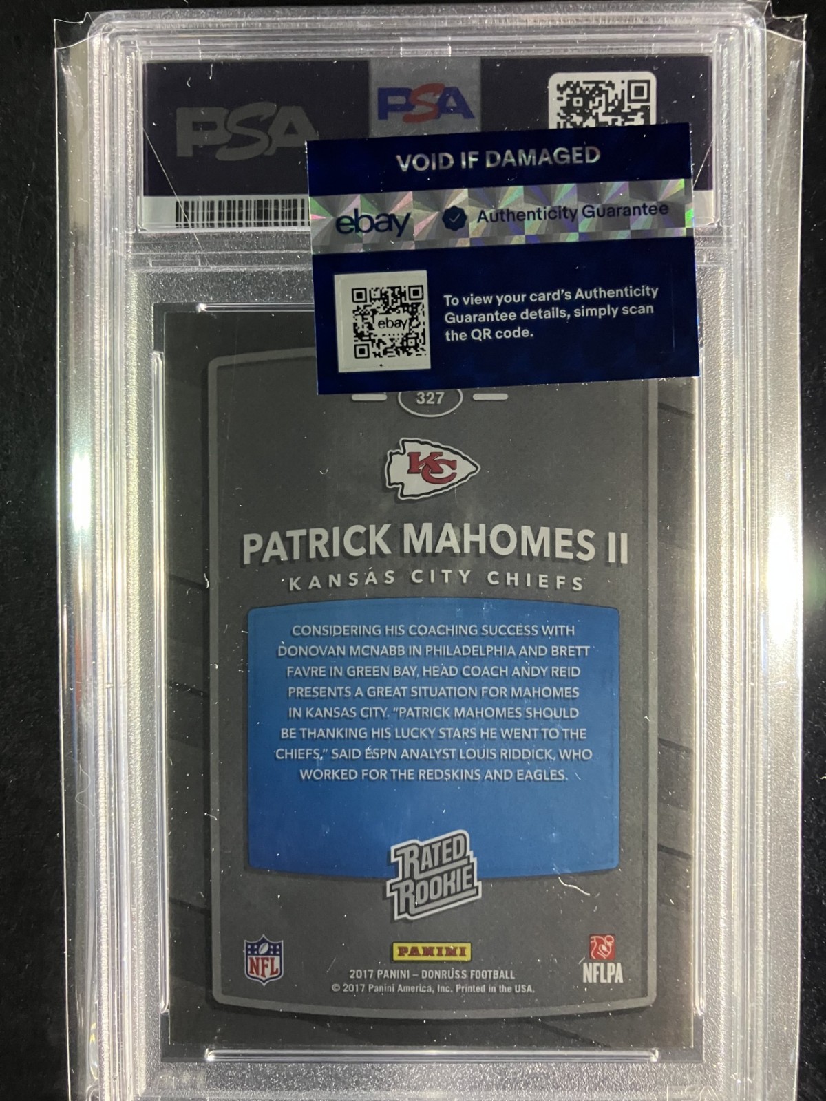 2017 Panini Donruss Rated Rookie Patrick Mahomes PSA 9 Mint Card 327 view 2