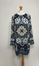 Warehouse Dress Size UK 14 Blue Geometric Long Sleeve Boho Spring Holiday