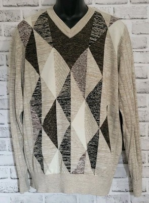 FX Fusion Sweater Mens XXL Beige Brown V-Neck Long Sleeve Geometric Argyle Knit