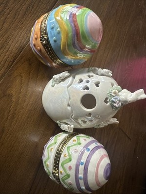 Vintage Easter Trinket Box Lot of 3 Ceramic Hinged Easter Egg Bunny Rabbit & Pot
