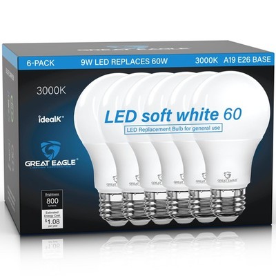 Great Eagle A19 LED Light Bulbs 60 Watt Equivalent, Soft White 3000K LED Ligh...