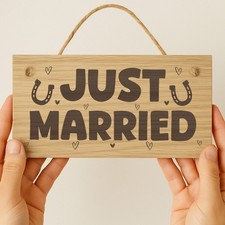 Just Married Hanging Wooden Engraved Sign Wedding Day Gift For Couple