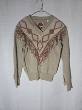VTG 70s-80s Womens Beaded Tassel V-Neck Knit Suede Jumper Sweater Small Retro