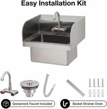 Stainless Steel Hand Sink with Faucet Side Splash Wall-Mounted Hand Wash Basin