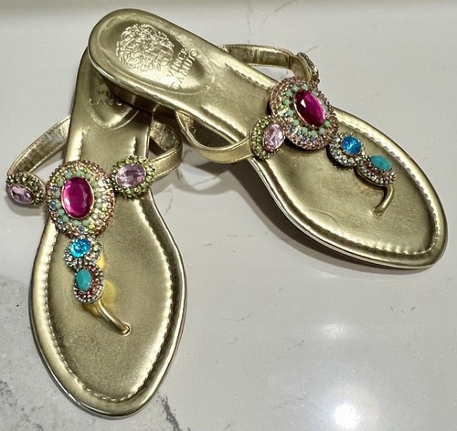 Vince Camuto Womens 8M Jeweled Leather Sandals Gold Glam Summer Boho Chic Beach