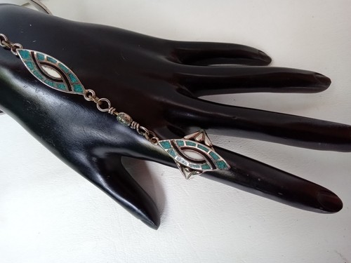 CUFF SET SILVER BRACELET INLAID TURQUOISE & ENAMEL W-CHAINED RING MATCHING SET - Picture 2 of 13