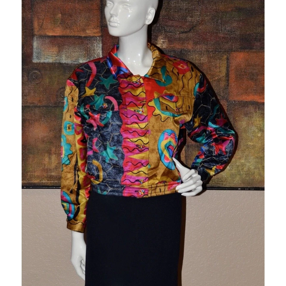 Louis Feraud Couture "PICASS0" Jeweled Buttons Designer Satin Jacket Size 4 - Image 4 of 4