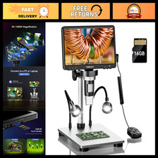 7" Digital Microscope 1080P 1200X Magnifier, 12MP LCD Coin Soldering Tool, 16GB