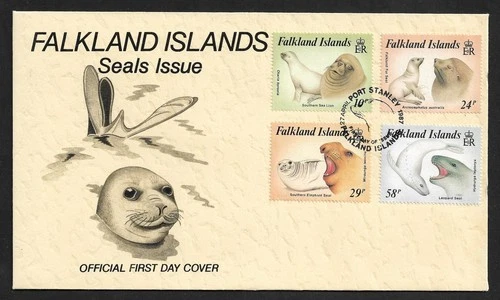 FALKLAND IS PORT STANLEY SEAL ISSUE WITH LEAFLET COMPLETE SET ON FDC COVER 1987