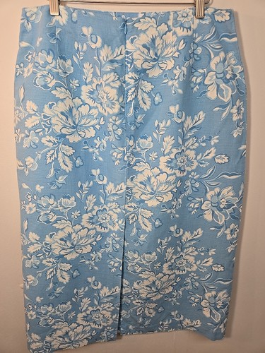 Talbots 16P Blue White Floral Irish Linen Blend Midi Calf Length Skirt - Picture 2 of 8