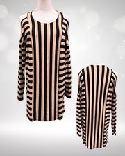 Chico's Zenergy Tandy Black & Tan Striped Stretch Knit Cold Shoulder Tunic Top 0