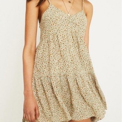 Urban Outfitters Sage Green Floral Lace Up Back Tiered Mini Dress Large OB809457