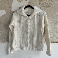 Vtg Cable Knit Polo Sweater 90s Fisherman Pullover Ivory Knit Womens Petite S