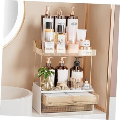 Bathroom Organizers and Storage, 2 Tier 2 Drawer Makeup 2Drawers 1 Pack Amber