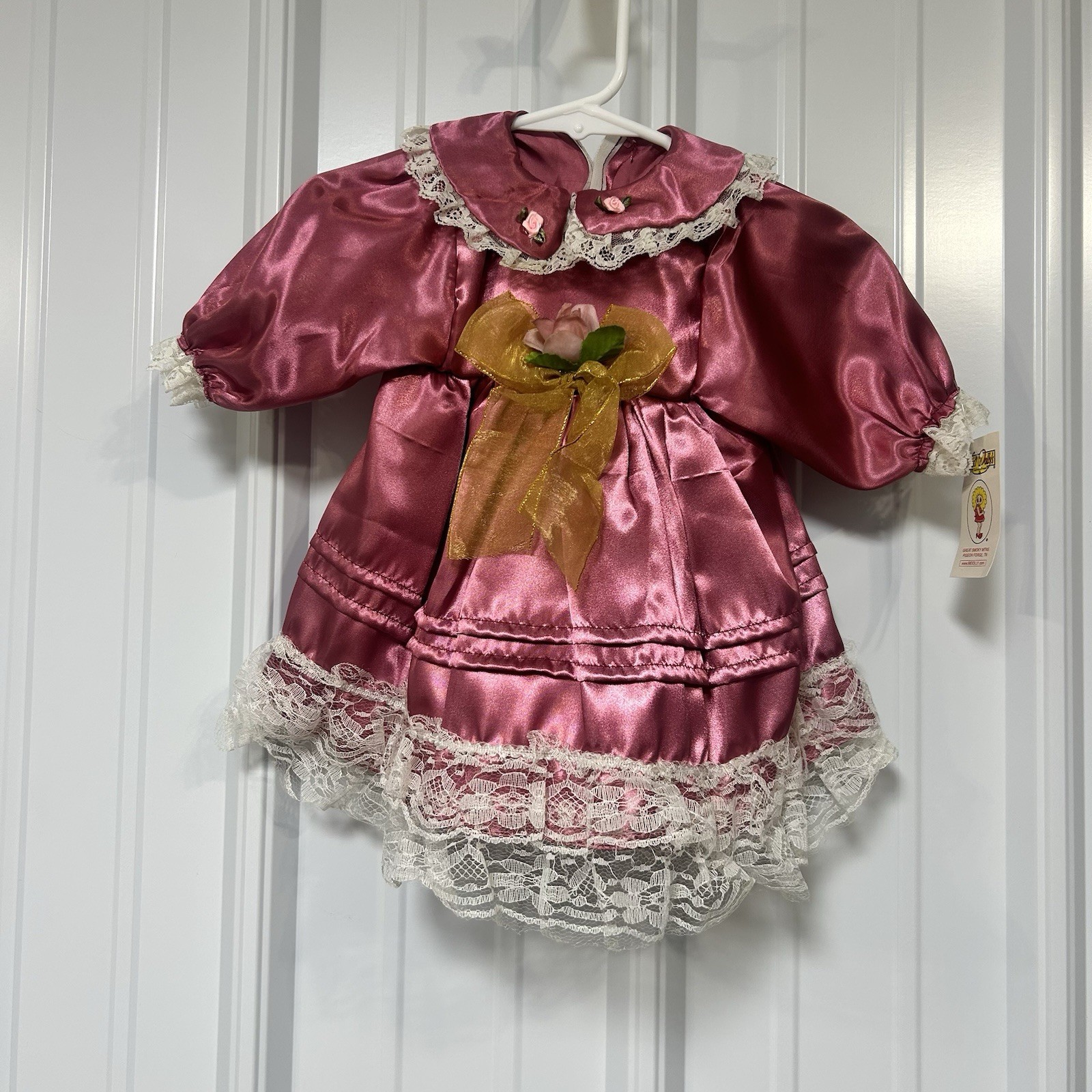 Vintage Lid'l Dolly's Baby Satin Dress Ruffle Lace Gold Sheer Bow