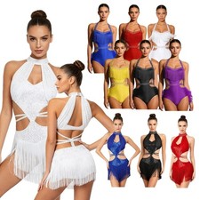 US Womens Bodysuit Leotard Shiny Dress Nightclub Latin Competition Fringe Salsa