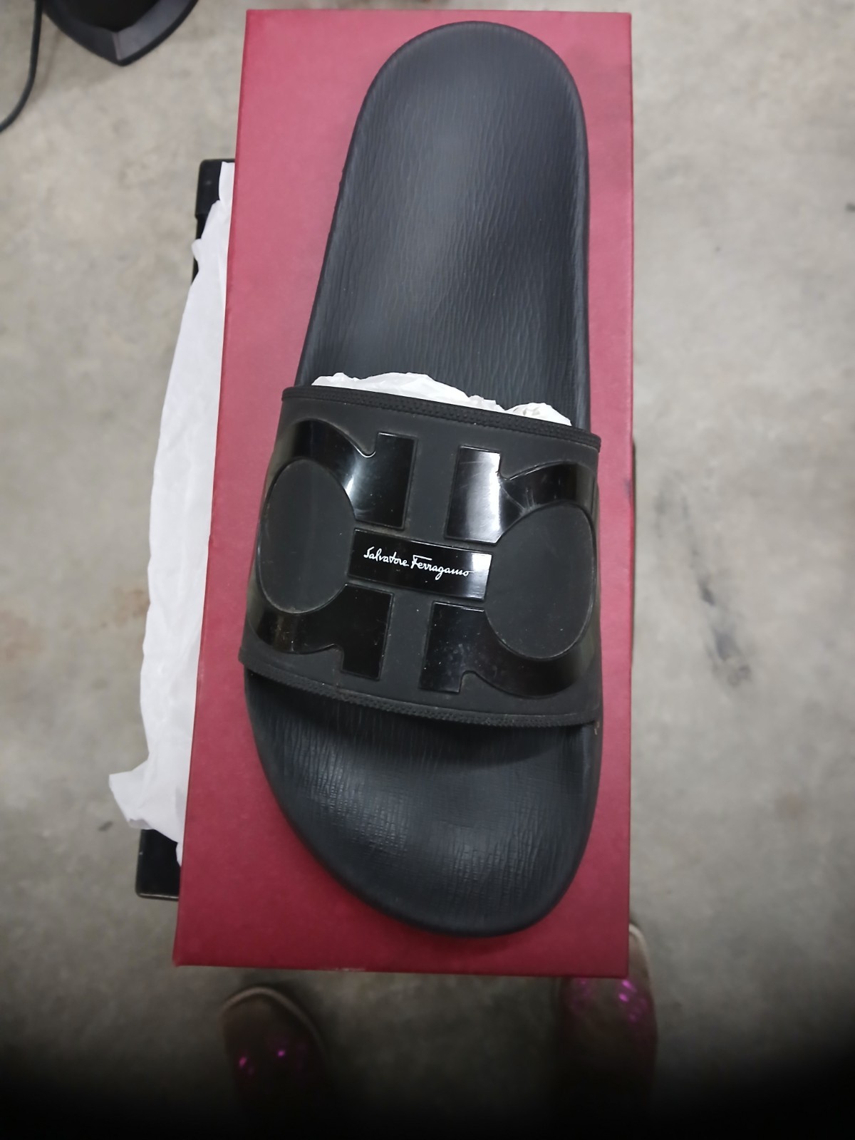 Salvatore Ferragamo Groove Slides Black US 9.5  Authentic Luxury Footwear