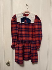 VTG Polly Flinders Red  Blue Plaid Hand Smocked Dress Sz 8 Bow