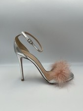Gianvito Rossi Silver Stiletto Heels Pink Feather Trim Open Toe IT 39 US 9 780