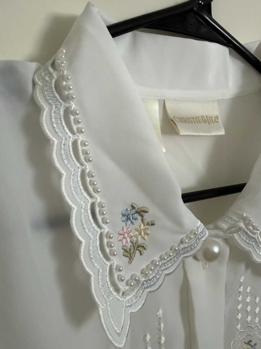 Vtg Christie & Jill Blouse White Floral Button Scallop Collar Embroidered Sheer View 6