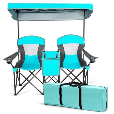 Double Camping Chair with Canopy, 2 Person Folding Beach Chair with Canopy Sh...