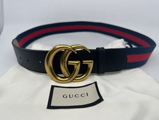 GG BlackGUCCI Leather Stripe Belt Gold Buckle Mens Authentic
