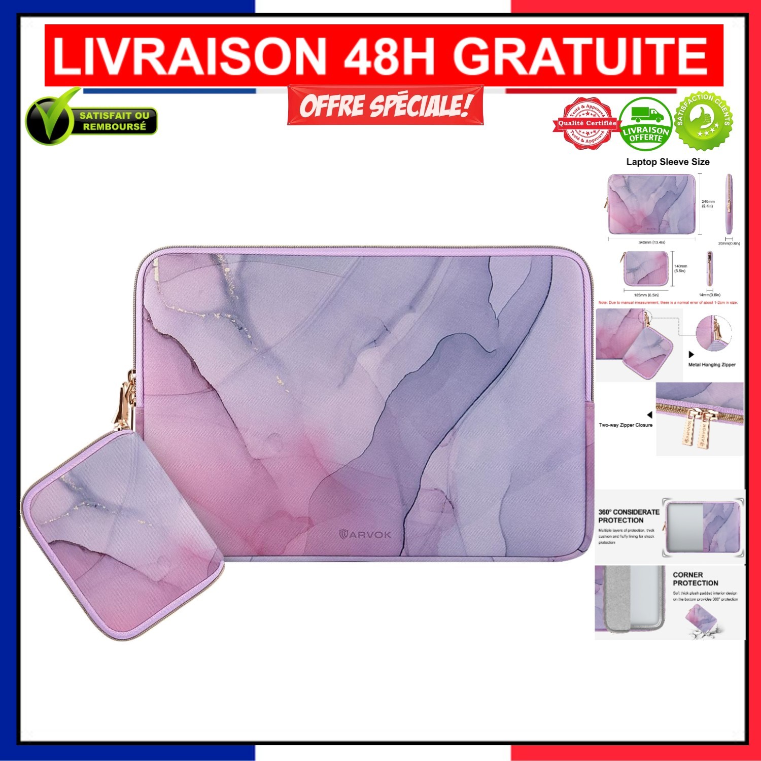 Pochette PC 13 pouces Arvok imperméable et résistante à l'eau couleur rose d'encre