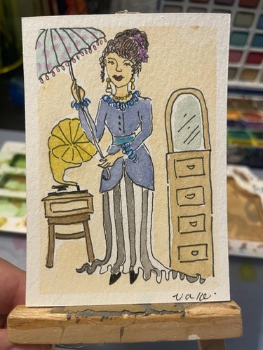 ACEO Original Watercolor Painting Victorian Edwardian Woman Parasol Gramophone