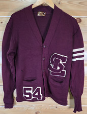 VTG Varsity Letterman Cardigan Sweater 50s Maroon Knit Distress READ Small / Med