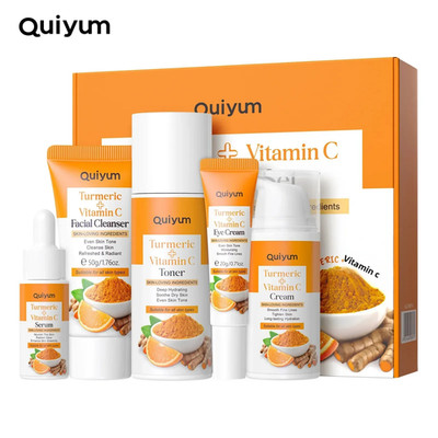 Coffret Soin Visage 5pcs Curcuma Vitamine C Anti-Âge Hydratant Éclat Peau
