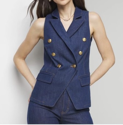 NWT WHITE HOUSE BLACK MARKET Denim Suiting Vest Women's 0 Blue Gold Button WHBM
