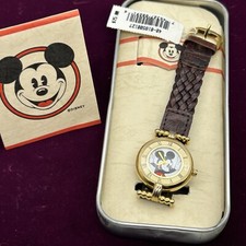 Ladies Vtg Disney Mickey Mouse Time Works Gold Tone Watch Leather Braided Band