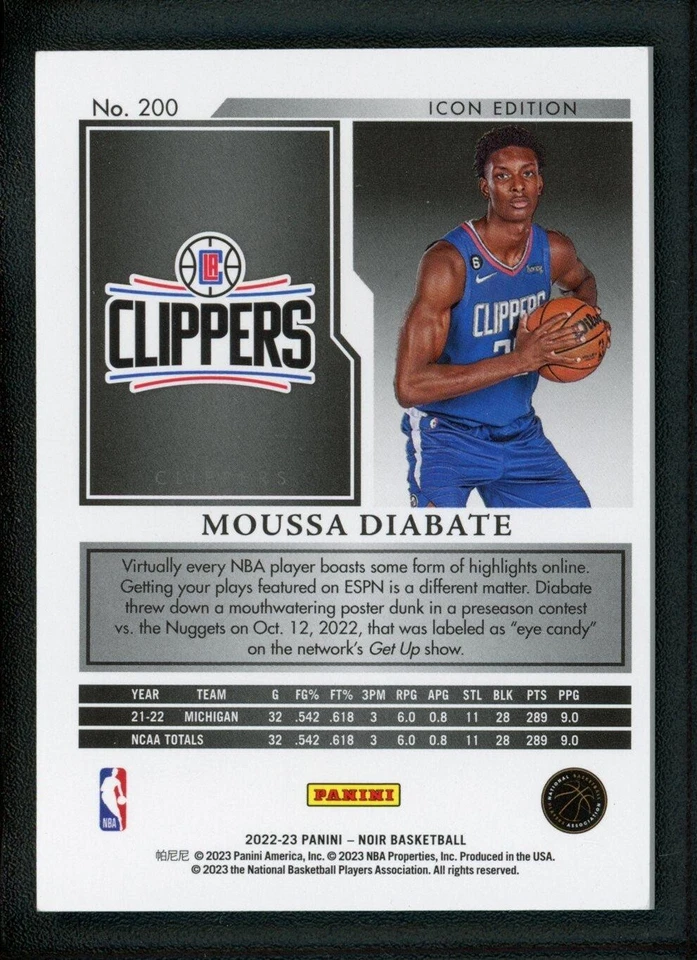 2022-23 MOUSSA DIABATE 30/49 PANINI NOIR ICON EDITION ROOKIE RC #200 - Image 2 of 2