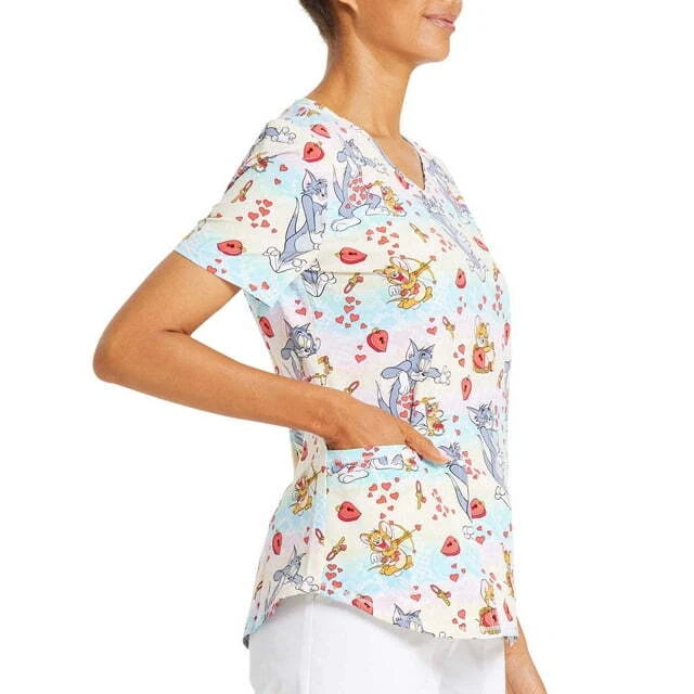 Scrubstar Scrub Top Women's Multi Tom and Jerry's Love Print V-Neck Round Hem XS - Image 2 of 4