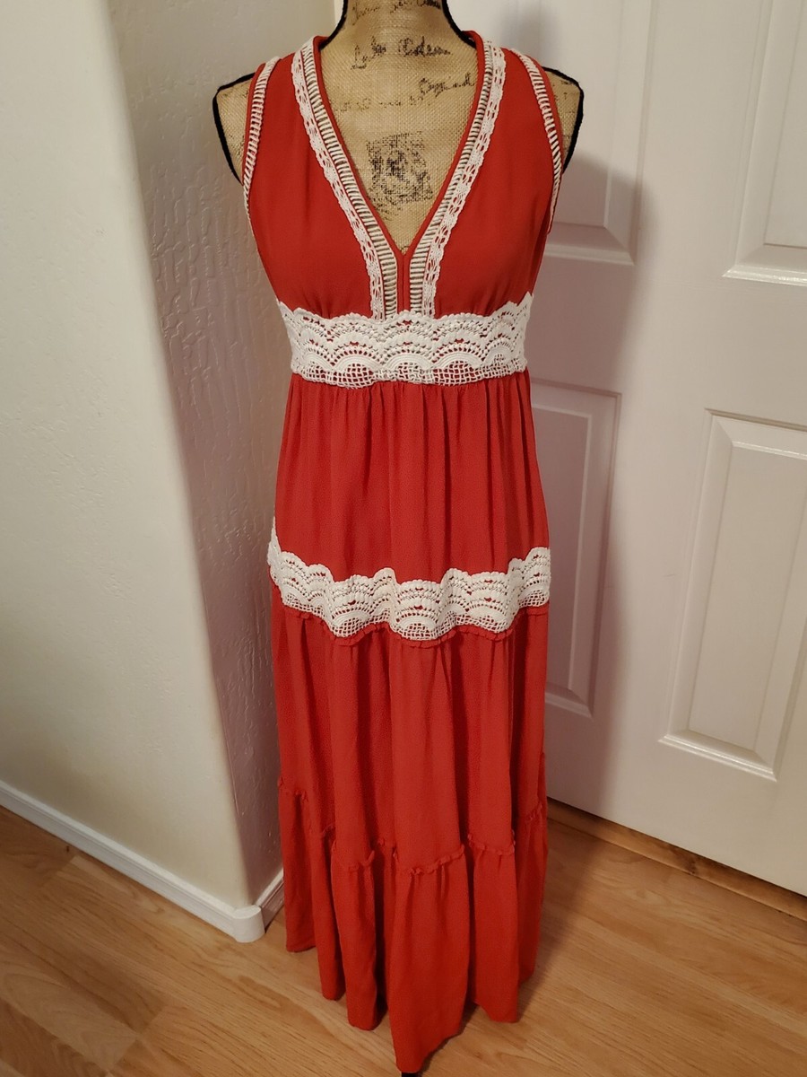 Eva Mendes Women's Size XS Red & Crocheted Sleeveless Maxi Dress Eva Mendes Women's Size XS Red & Crocheted Sleeveless Maxi Dress