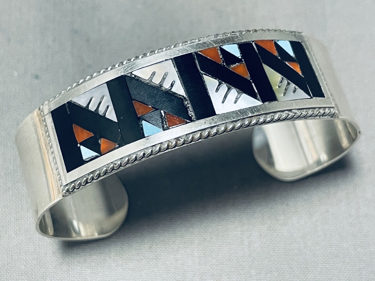 6.5 INCH WRIST ZUNI BLUE GEM TURQUOISE, JET STERLING SILVER SIGNED